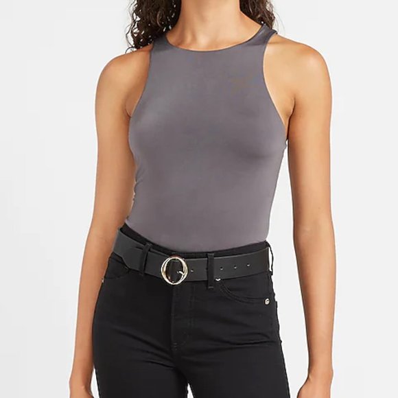 Express Tops - Express Gray Slive Silky High Neck Thong Sleeveless Women's Bodycon Bodysuit